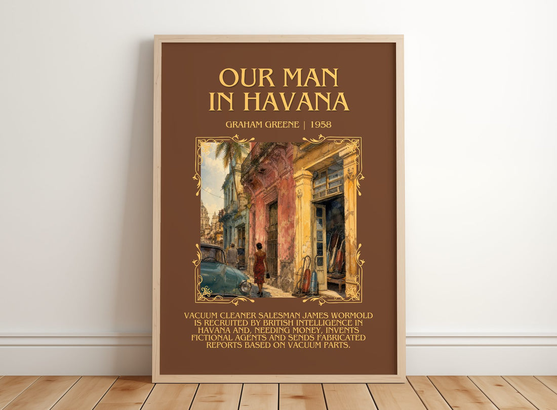 Our Man in Havana Minimalist Book Poster by Graham Greene – framed print leaning on a wooden floor