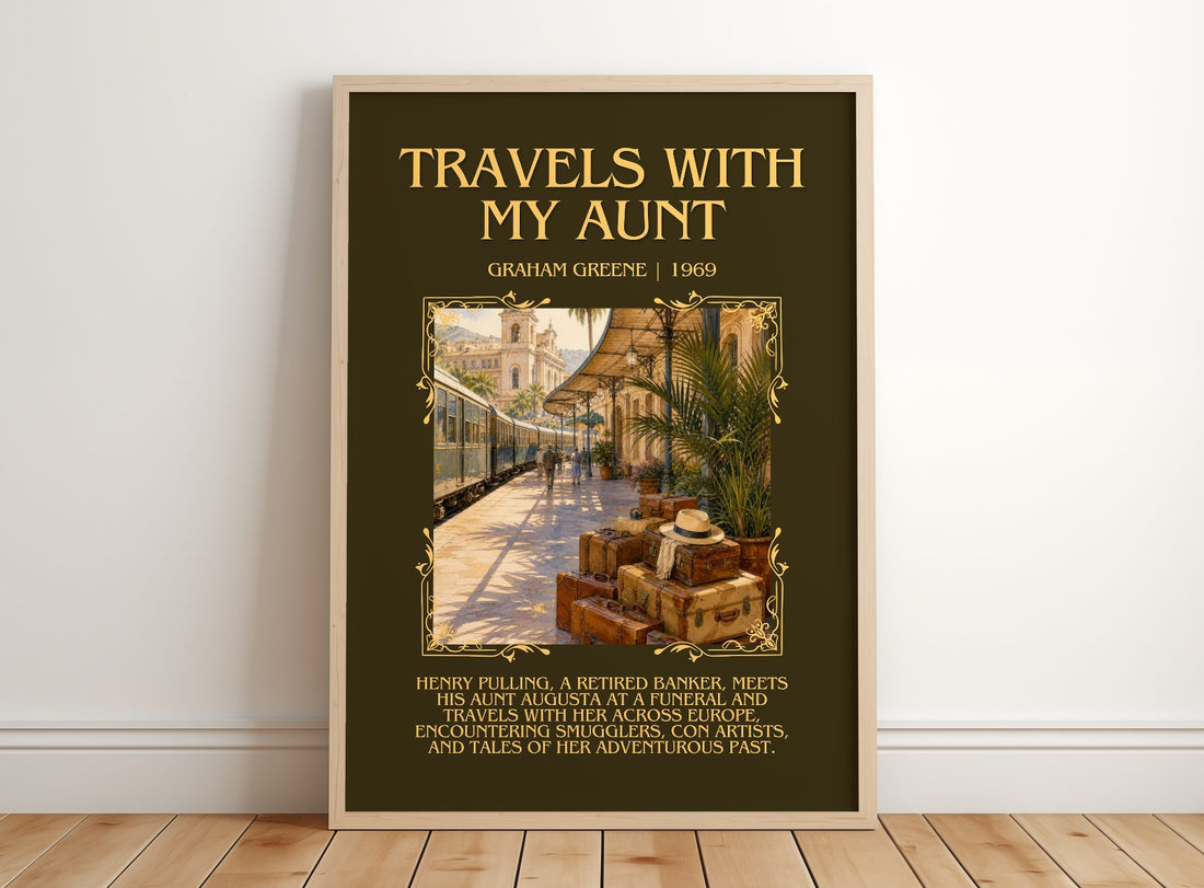 Travels with My Aunt Minimalist Book Poster by Graham Greene – framed print leaning on a wooden floor