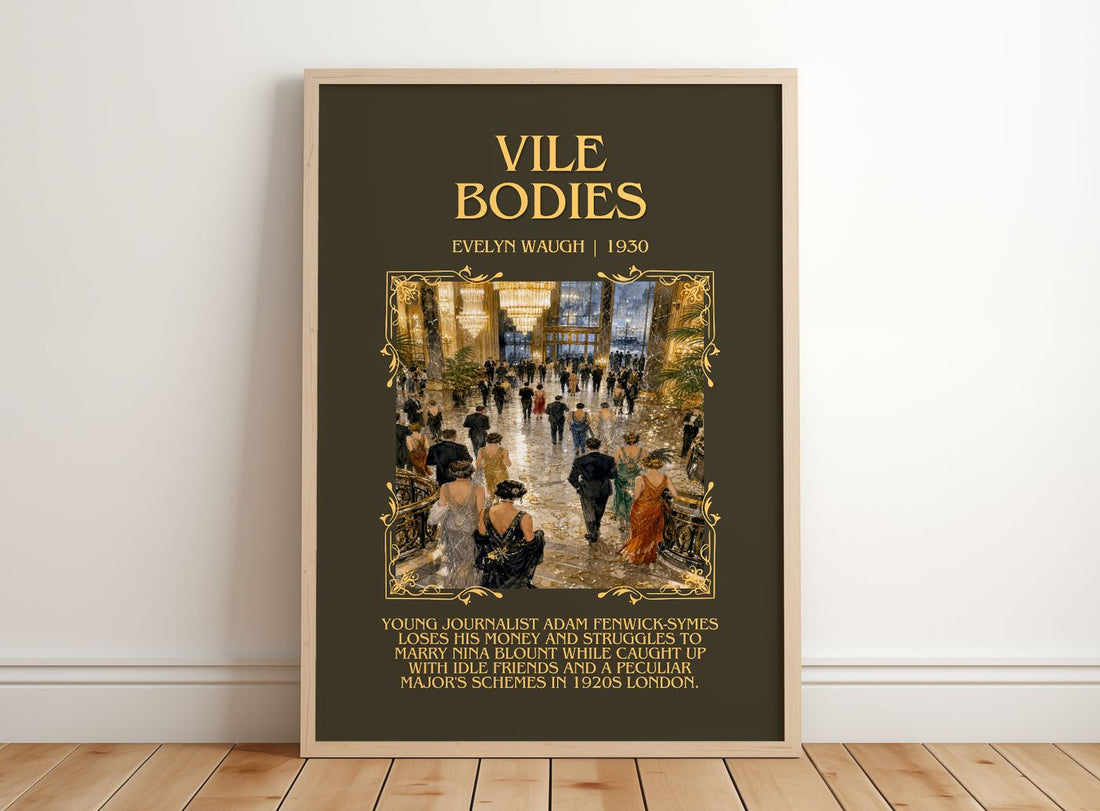 Vile Bodies Minimalist Book Poster by Evelyn Waugh – framed print leaning on a wooden floor