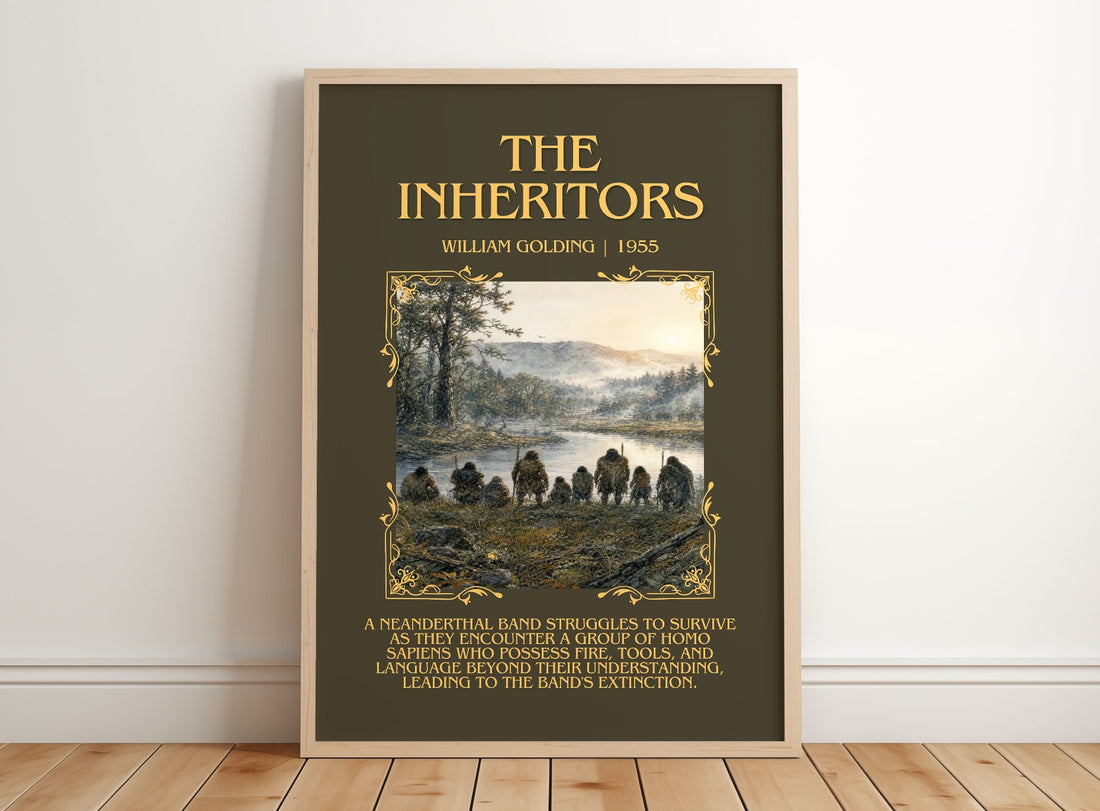 The Inheritors Minimalist Book Poster by William Golding – framed print leaning on a wooden floor