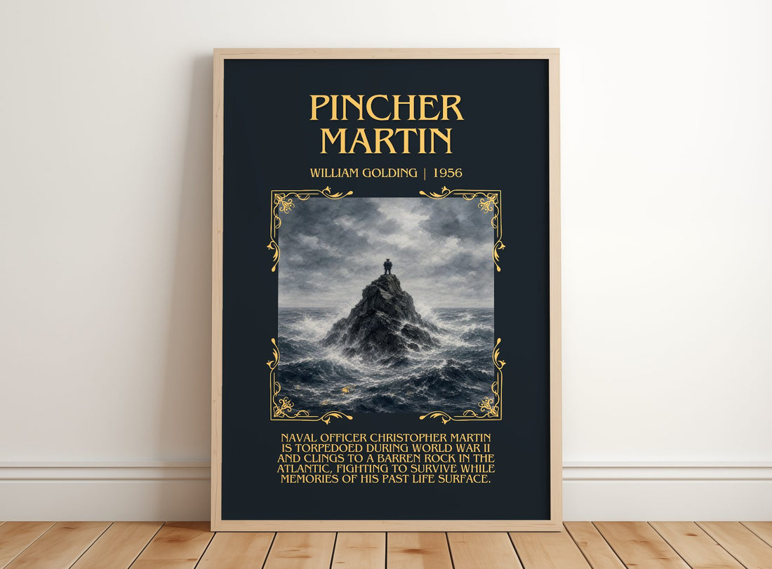 Pincher Martin Minimalist Book Poster by William Golding – framed print leaning on a wooden floor