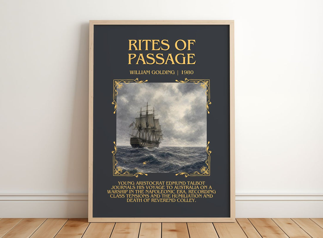 Rites of Passage Minimalist Book Poster by William Golding – framed print leaning on a wooden floor