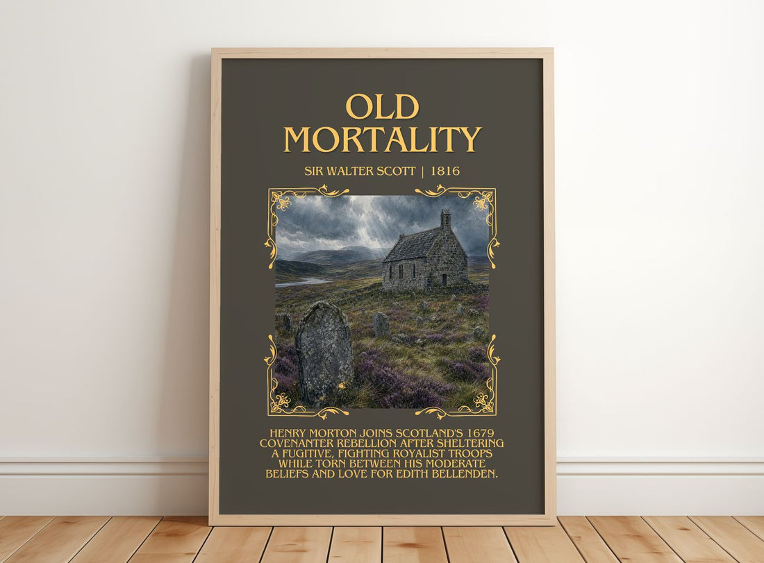 Old Mortality Minimalist Book Poster by Sir Walter Scott – framed print leaning on a wooden floor