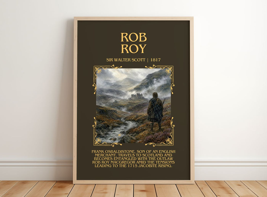 Rob Roy Minimalist Book Poster by Sir Walter Scott – framed print leaning on a wooden floor