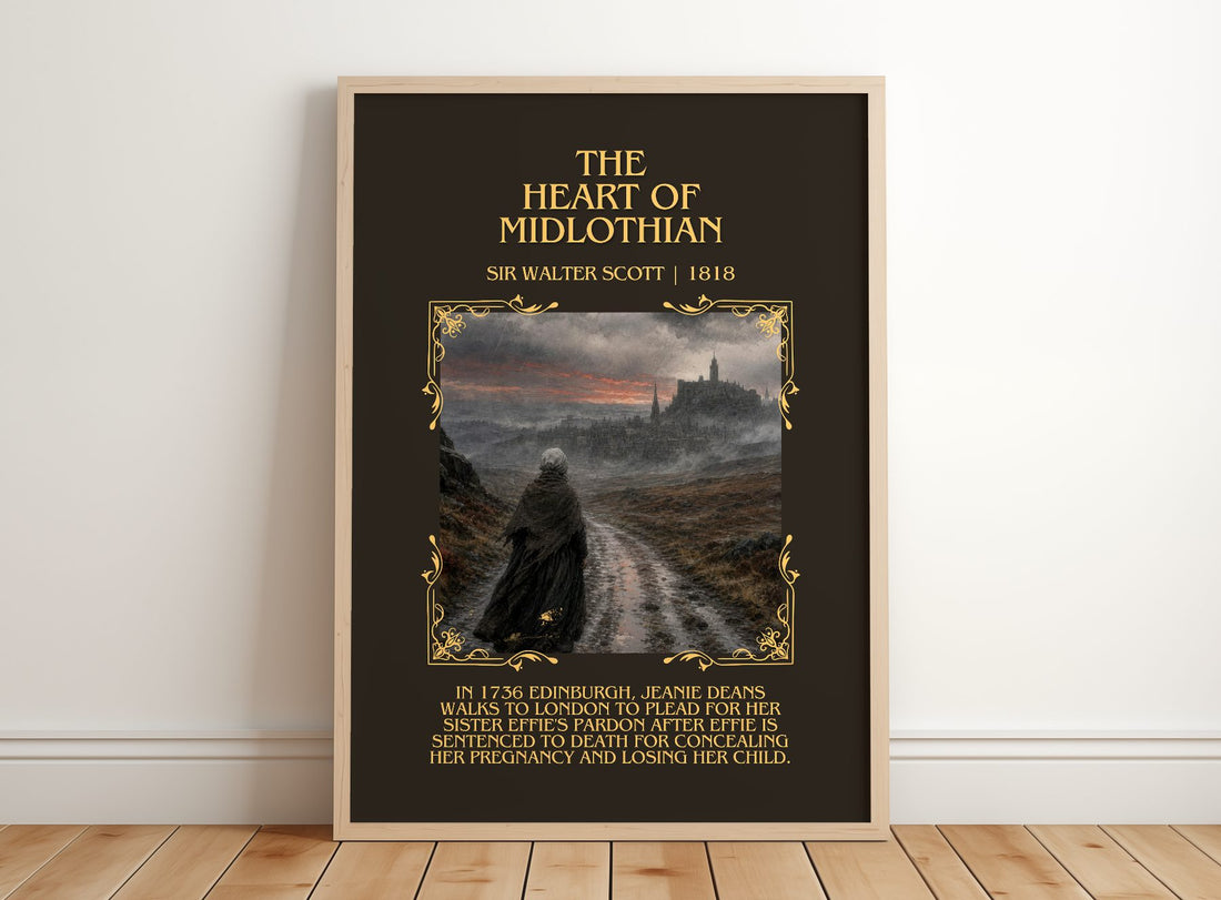 The Heart of Midlothian Minimalist Book Poster by Sir Walter Scott – framed print leaning on a wooden floor