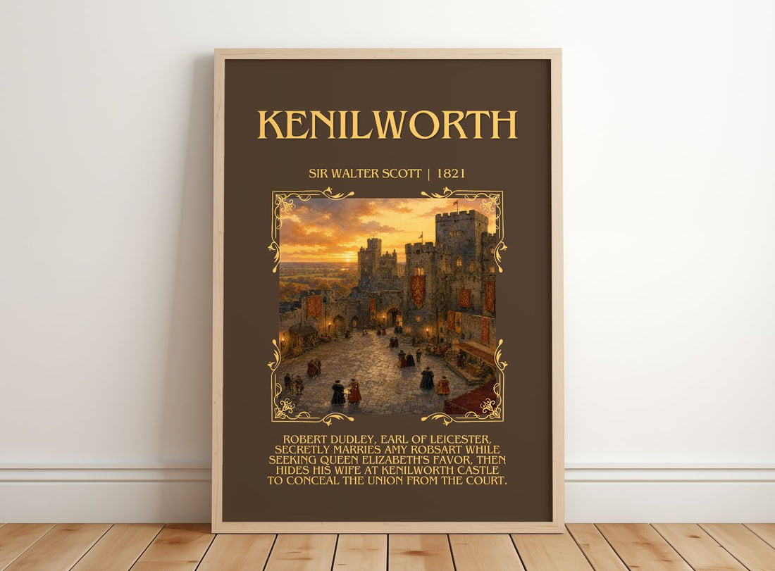 Kenilworth Minimalist Book Poster by Sir Walter Scott – framed print leaning on a wooden floor