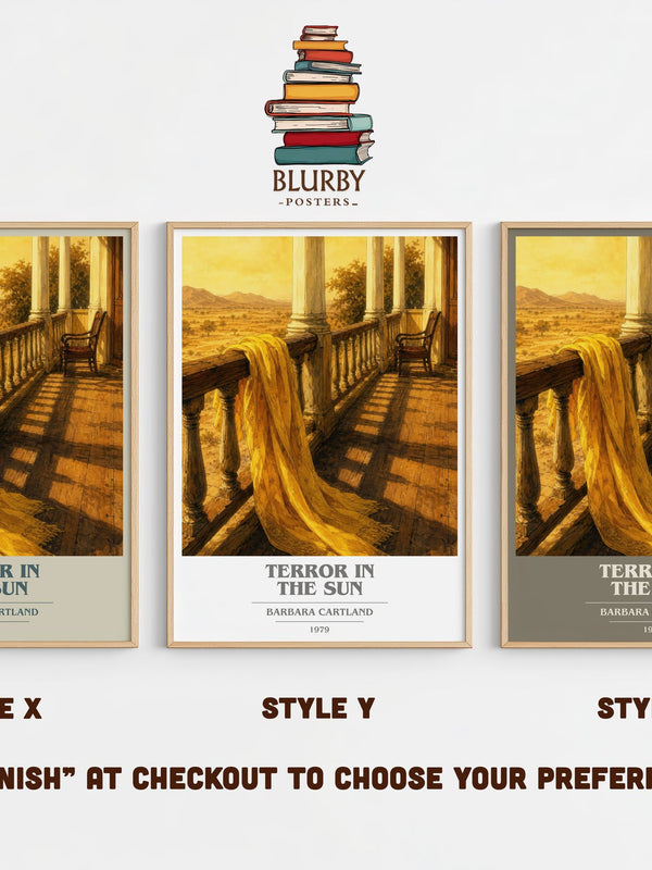 Terror In The Sun book cover print in frame leaning in hallway – romance wall art