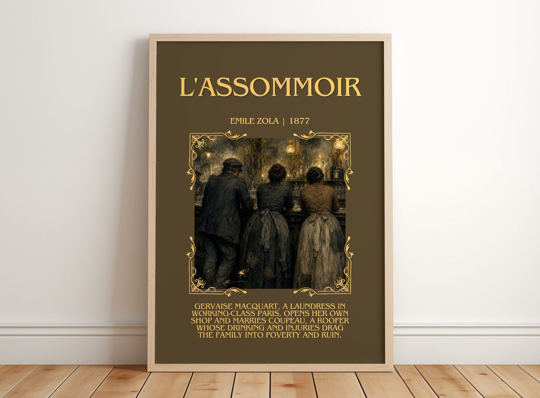 L'Assommoir Minimalist Book Poster by Émile Zola – framed print leaning on a wooden floor