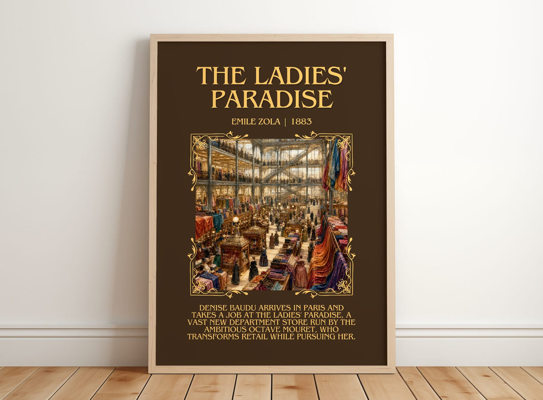 The Ladies' Paradise Minimalist Book Poster by Émile Zola – framed print leaning on a wooden floor