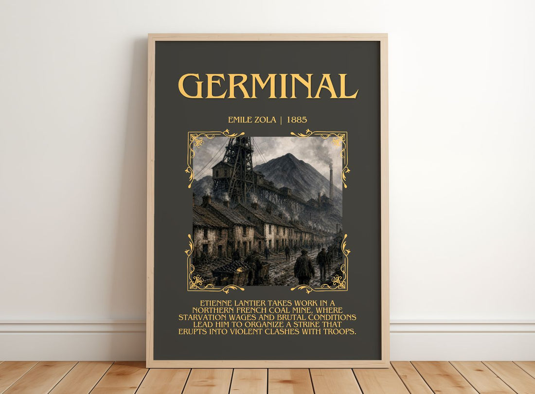 Germinal Minimalist Book Poster by Émile Zola – framed print leaning on a wooden floor