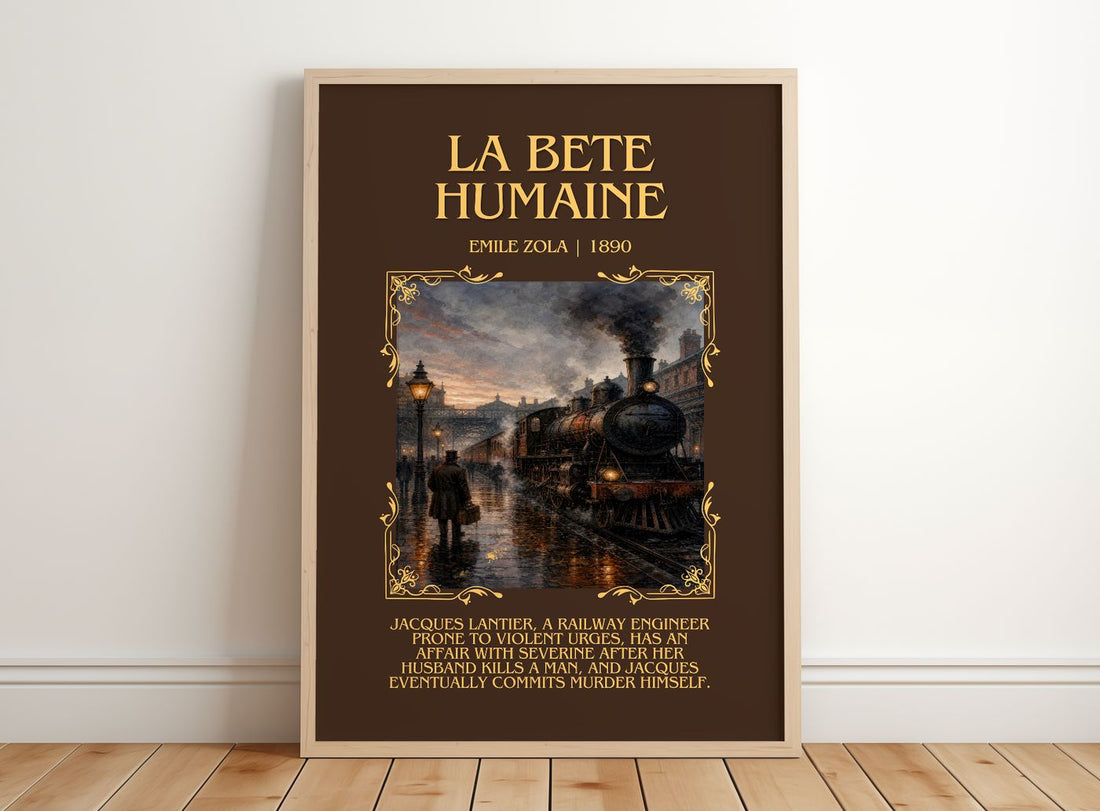 La Bête Humaine Minimalist Book Poster by Émile Zola – framed print leaning on a wooden floor