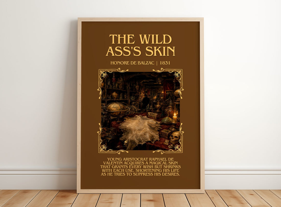 The Wild Ass's Skin Minimalist Book Poster by Honoré de Balzac – framed print leaning on a wooden floor
