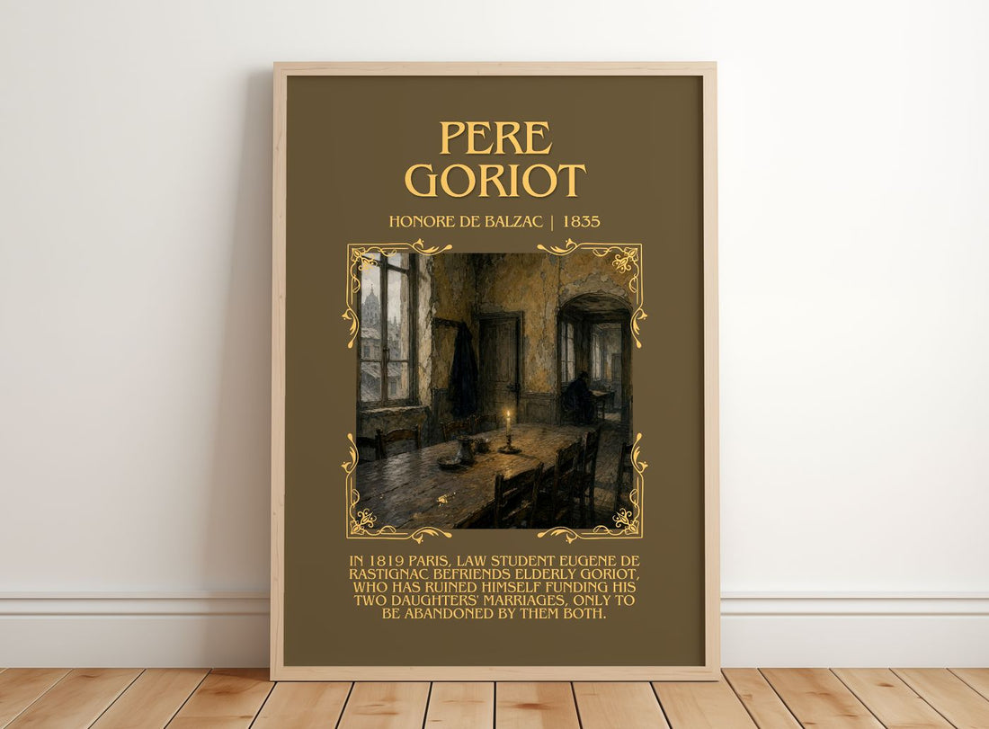 Père Goriot Minimalist Book Poster by Honoré de Balzac – framed print leaning on a wooden floor