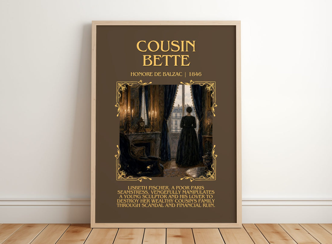 Cousin Bette Minimalist Book Poster by Honoré de Balzac – framed print leaning on a wooden floor