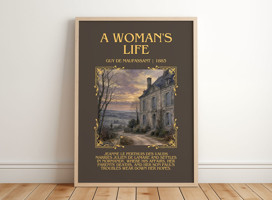 A Woman's Life Minimalist Book Poster by Guy de Maupassant – framed print leaning on a wooden floor