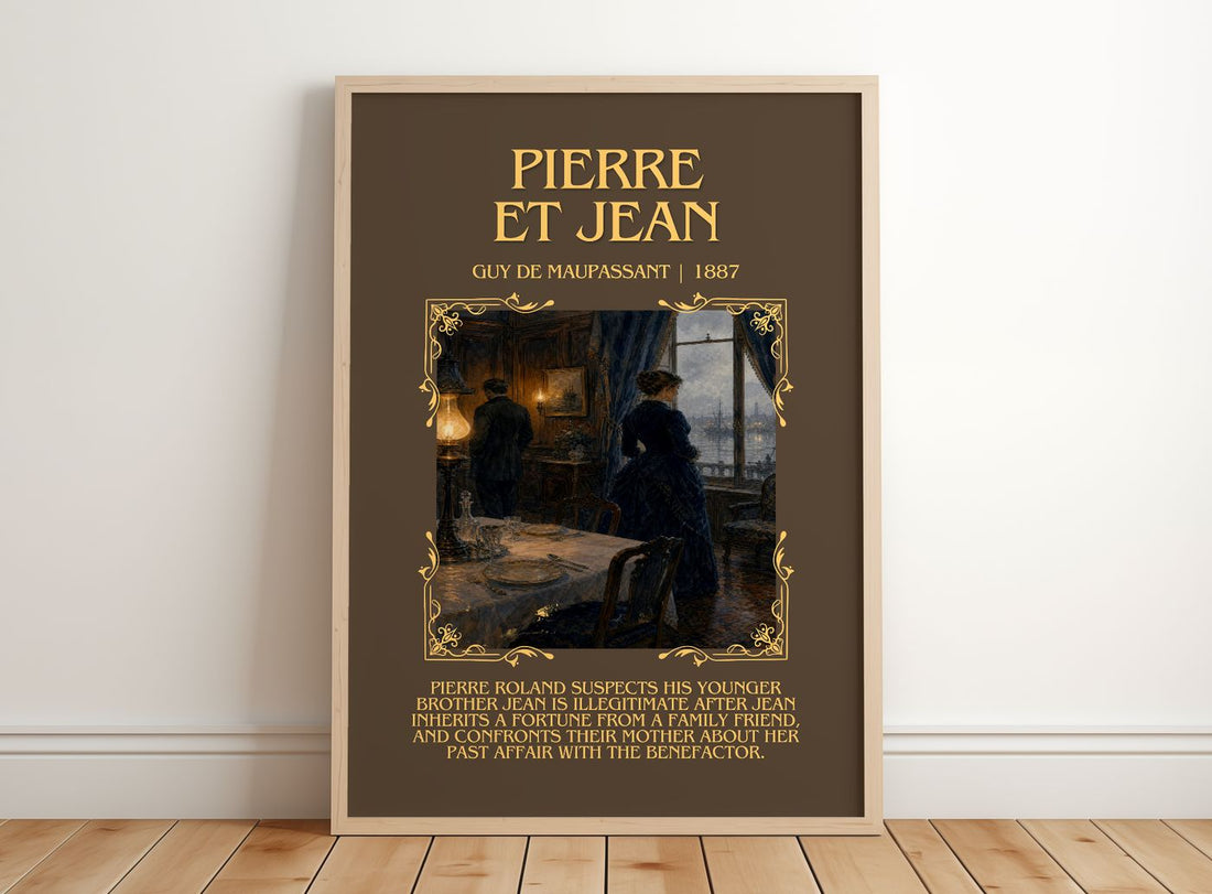 Pierre et Jean Minimalist Book Poster by Guy de Maupassant – framed print leaning on a wooden floor