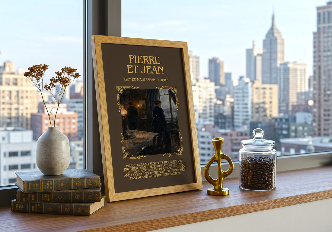 Pierre et Jean Minimalist Book Poster by Guy de Maupassant – framed print on a city-view windowsill