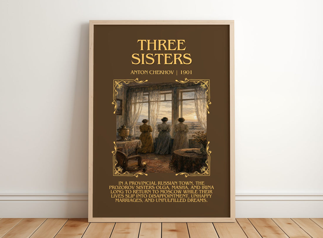 Three Sisters Minimalist Book Poster by Anton Chekhov – framed print leaning on a wooden floor