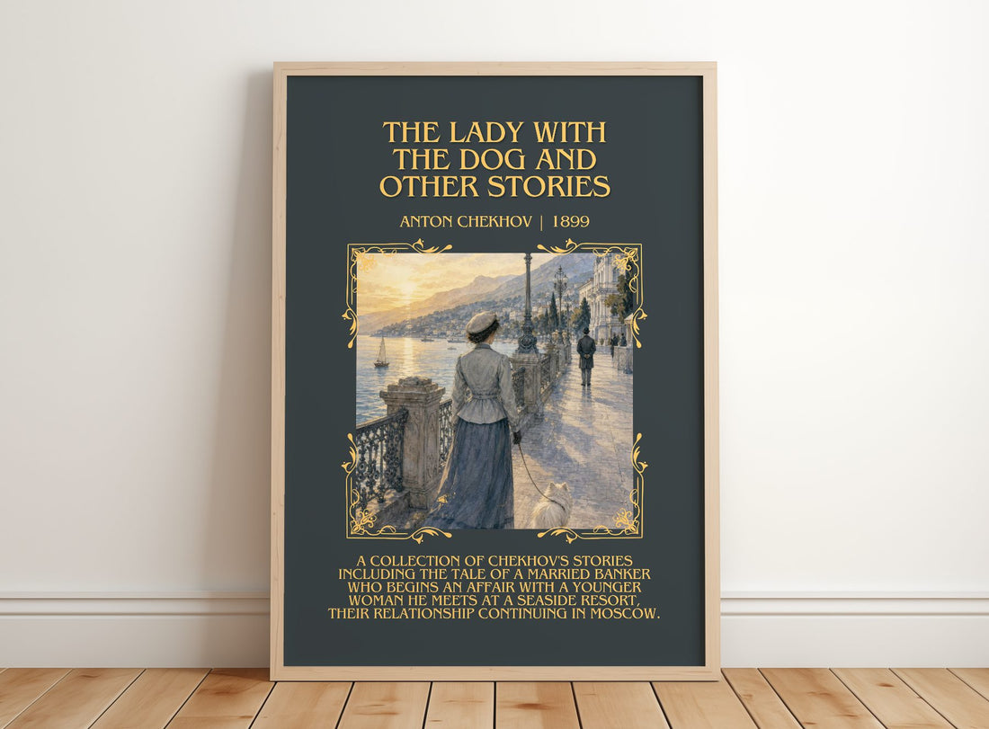 Lady with the Dog and Other Stories Minimalist Book Poster – framed print leaning on a wooden floor