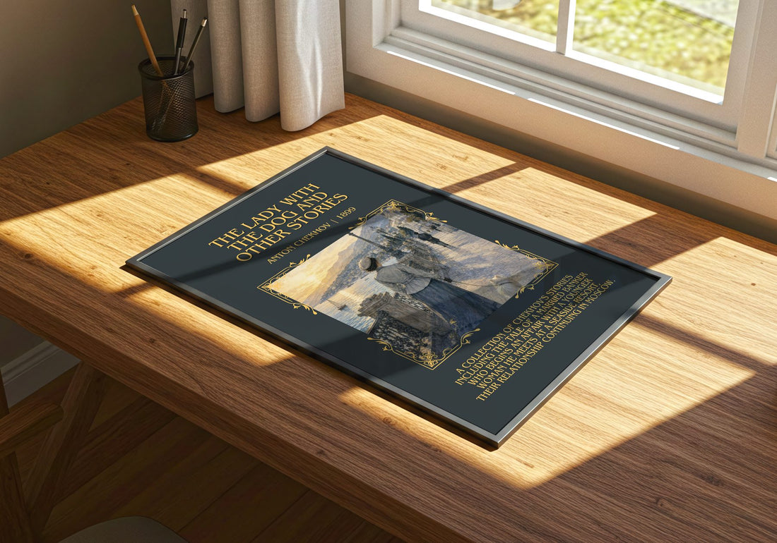 Lady with the Dog and Other Stories Minimalist Book Poster – print on a sunlit desk