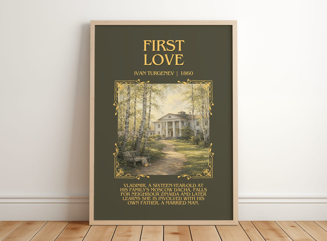 First Love Minimalist Book Poster by Ivan Turgenev – framed print leaning on a wooden floor