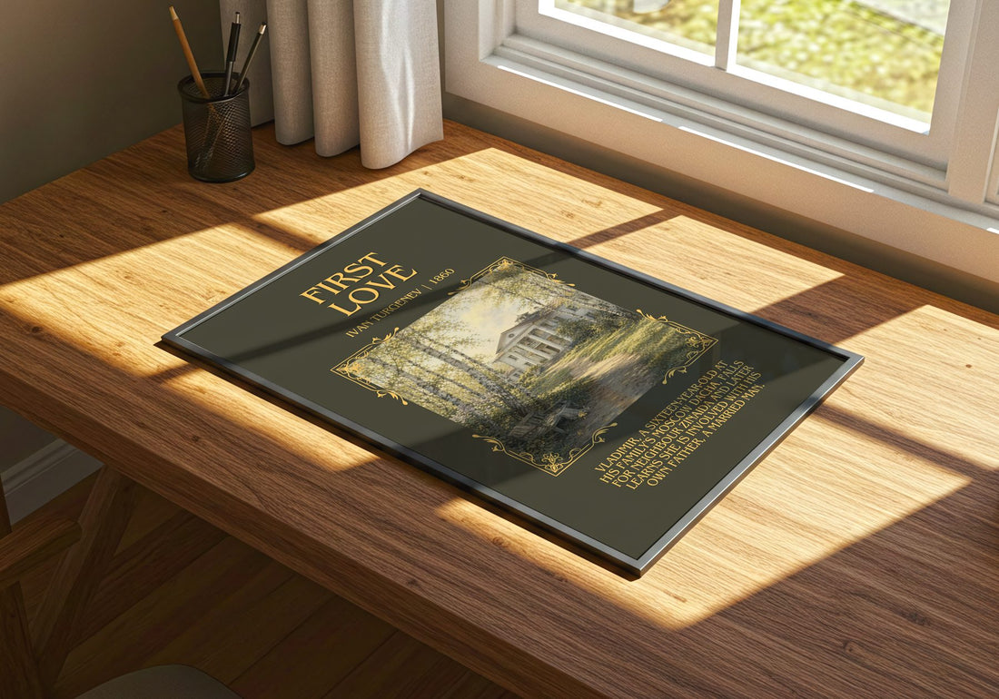 First Love Minimalist Book Poster by Ivan Turgenev – print on a sunlit desk