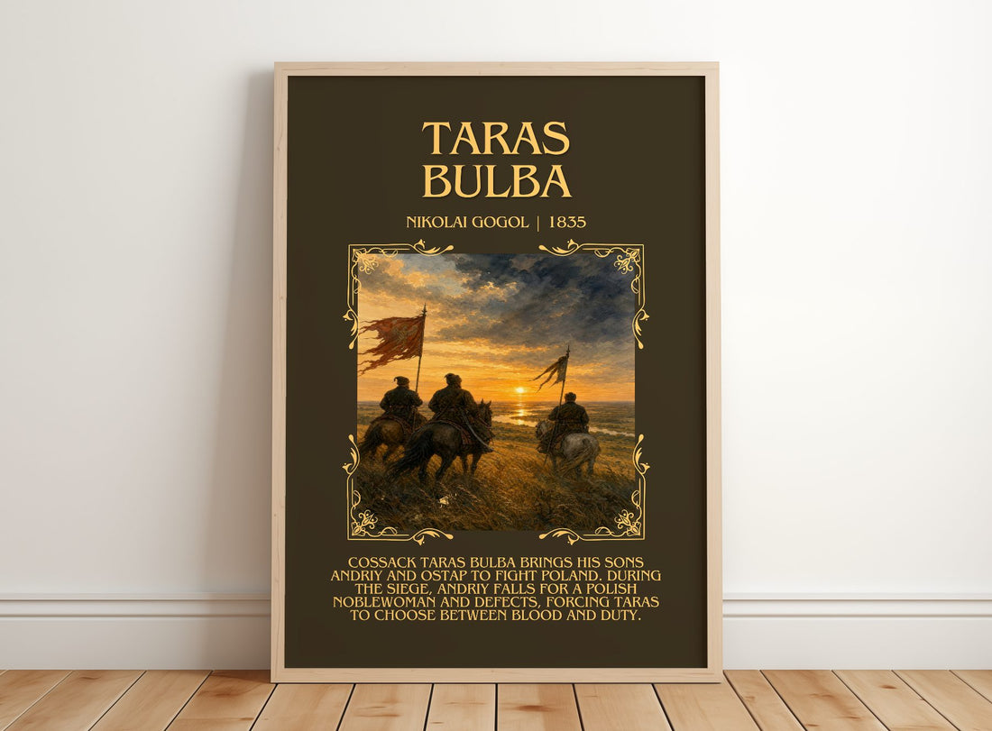 Taras Bulba Minimalist Book Poster by Nikolai Gogol – framed print leaning on a wooden floor
