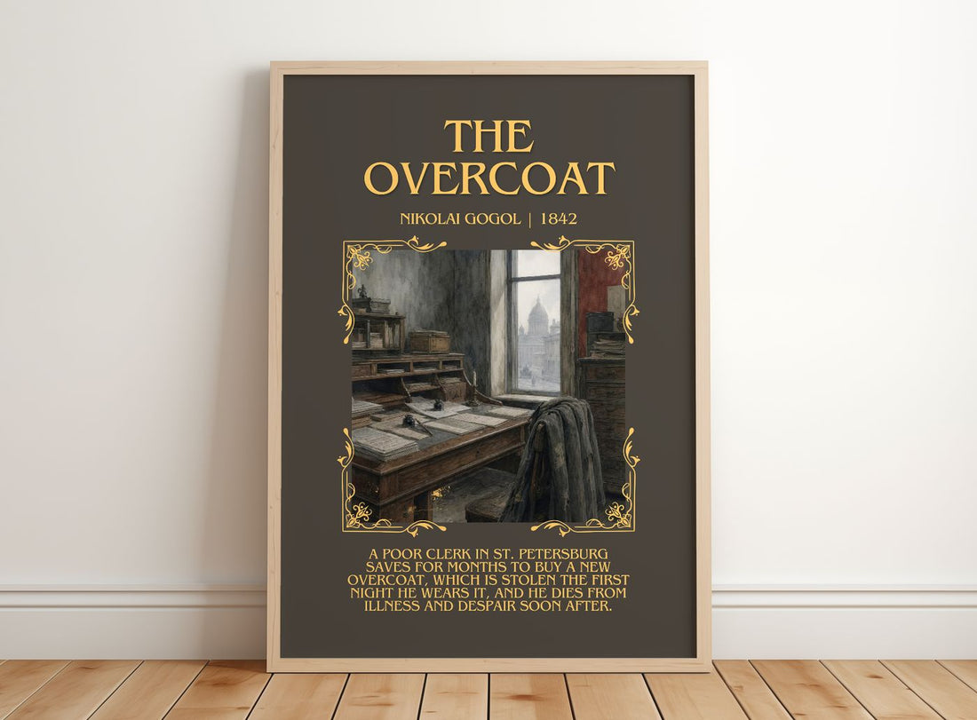 The Overcoat Minimalist Book Poster by Nikolai Gogol – framed print leaning on a wooden floor