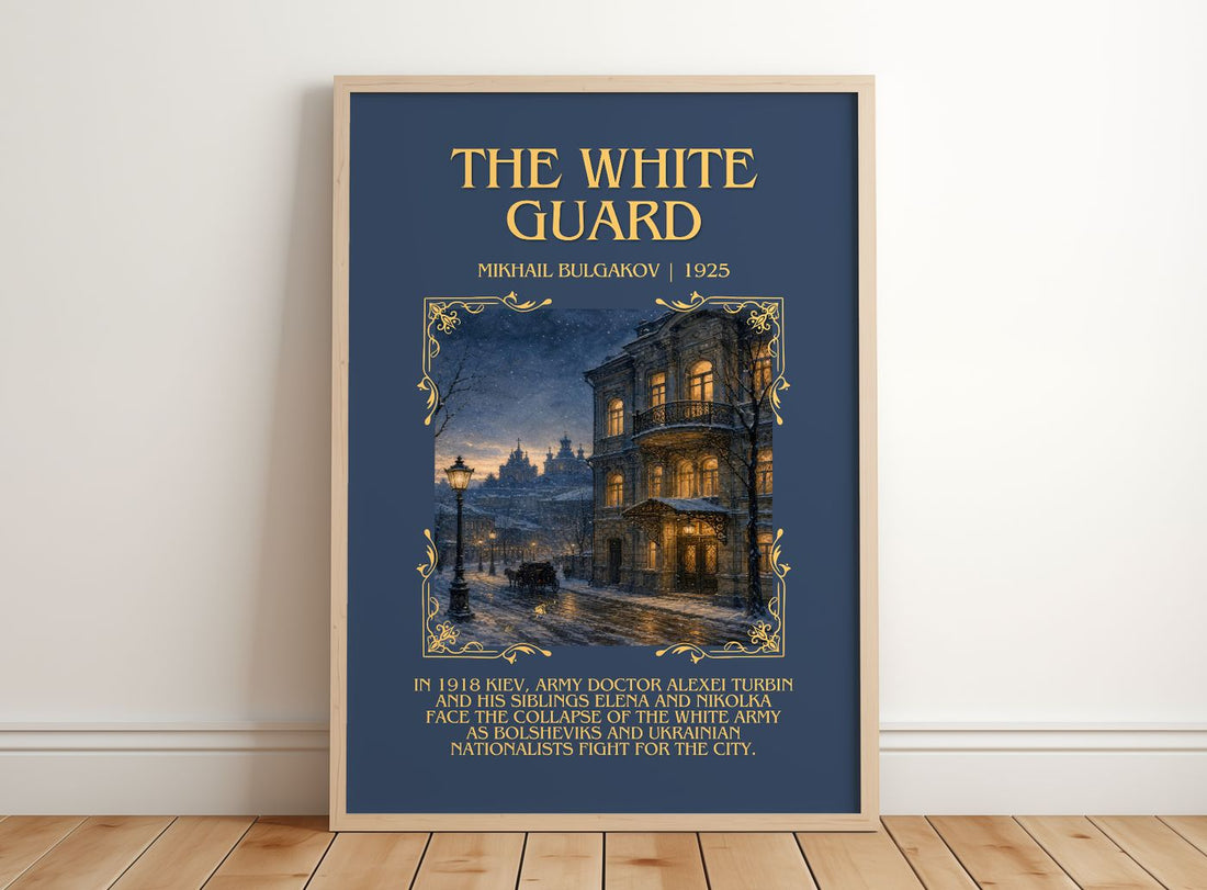 The White Guard Minimalist Book Poster by Mikhail Bulgakov – framed print leaning on a wooden floor