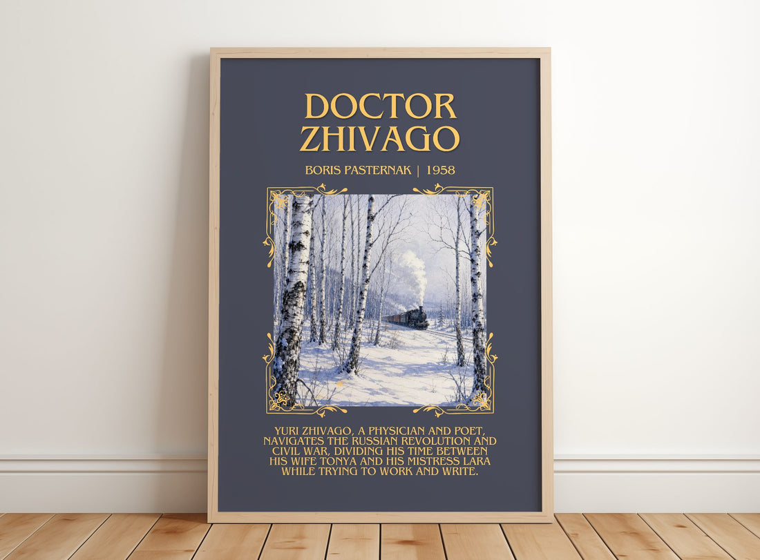 Doctor Zhivago Minimalist Book Poster by Boris Pasternak – framed print leaning on a wooden floor