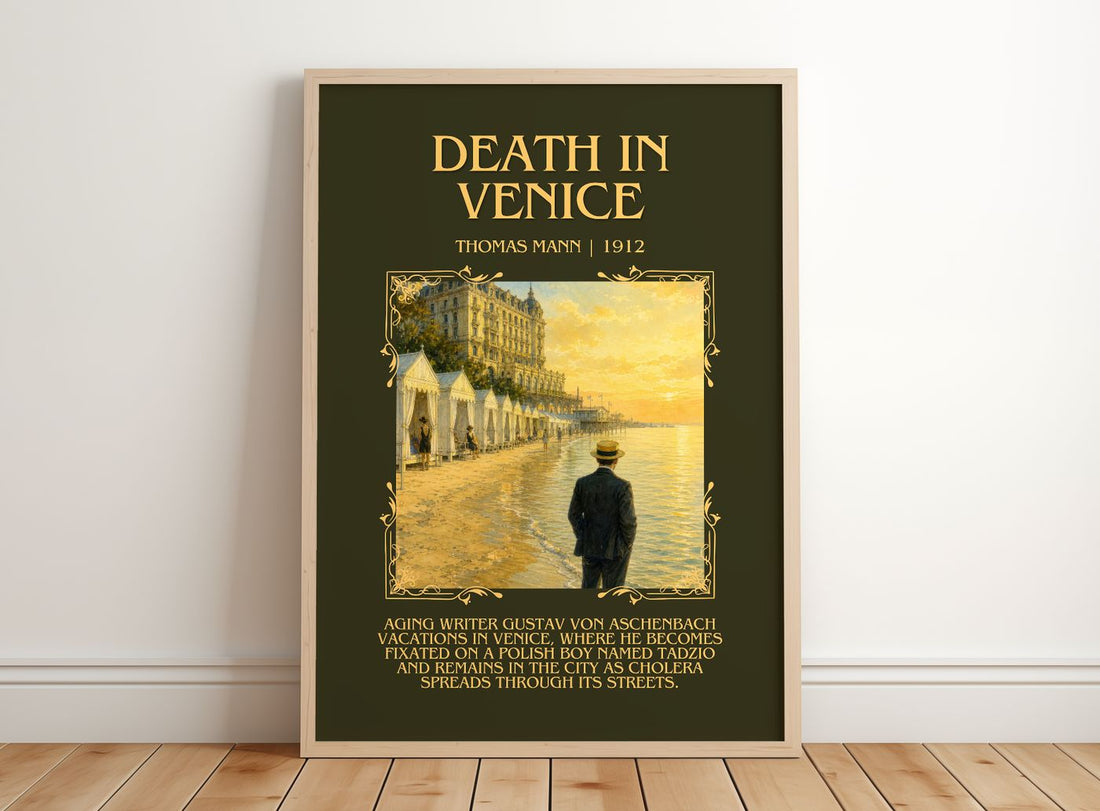 Death in Venice Minimalist Book Poster by Thomas Mann – framed print leaning on a wooden floor