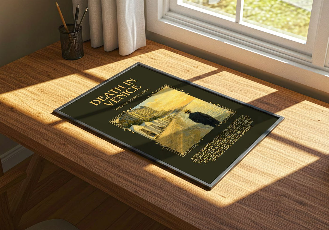 Death in Venice Minimalist Book Poster by Thomas Mann – print on a sunlit desk
