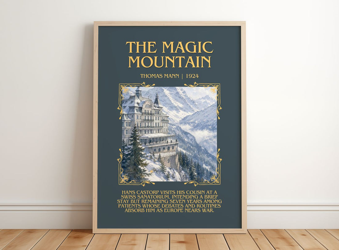 The Magic Mountain Minimalist Book Poster by Thomas Mann – framed print leaning on a wooden floor