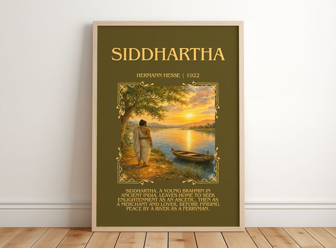 Siddhartha Minimalist Book Poster by Hermann Hesse – framed print leaning on a wooden floor