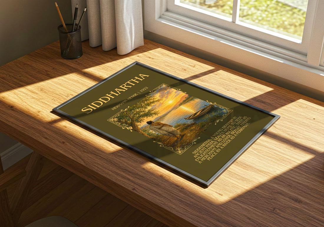 Siddhartha Minimalist Book Poster by Hermann Hesse – print on a sunlit desk