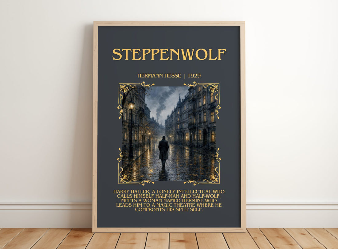 Steppenwolf Minimalist Book Poster by Hermann Hesse – framed print leaning on a wooden floor