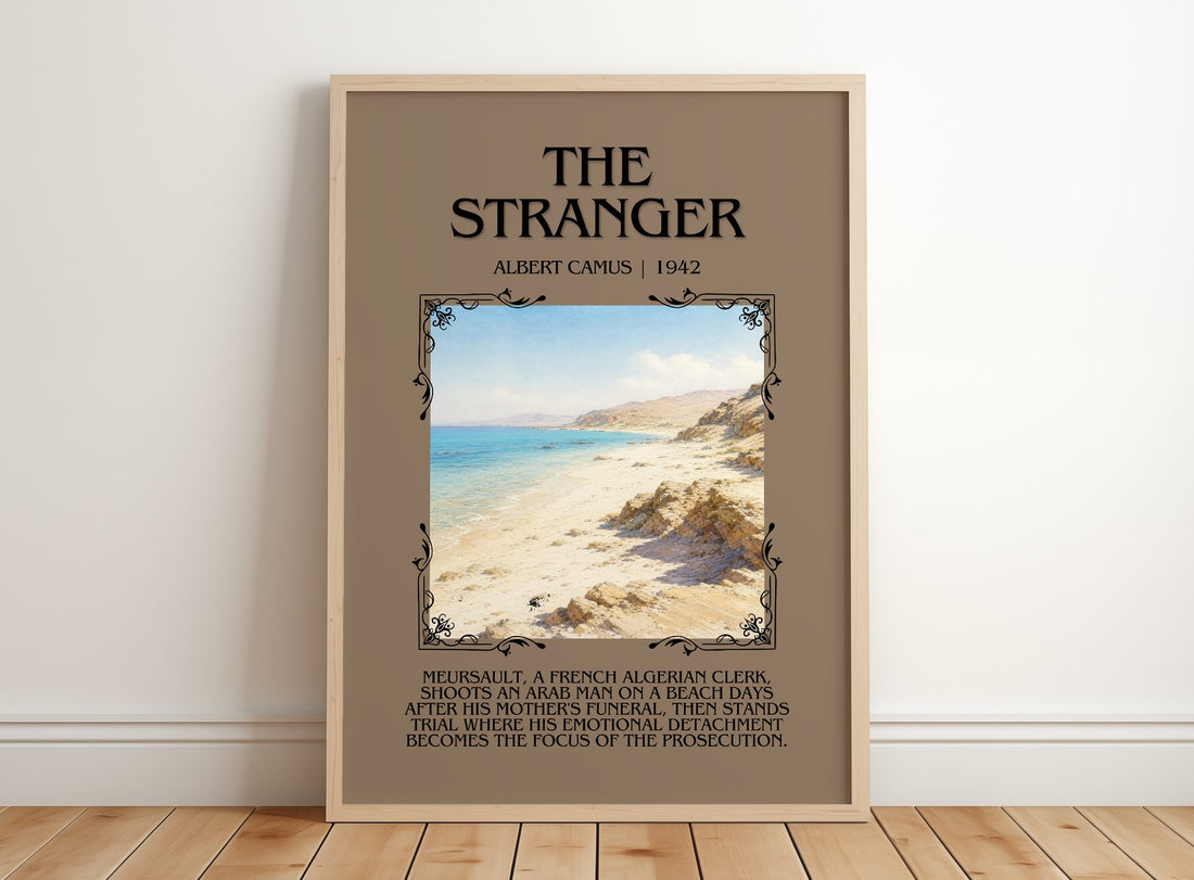 The Stranger Minimalist Book Poster by Albert Camus – framed print leaning on a wooden floor
