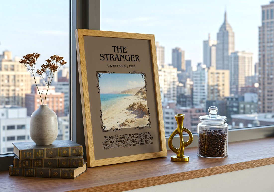 The Stranger Minimalist Book Poster by Albert Camus – framed print on a city-view windowsill