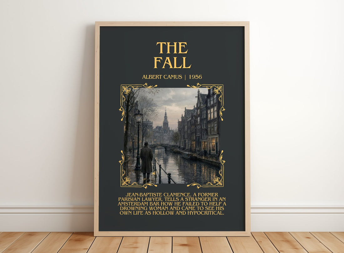 The Fall Minimalist Book Poster by Albert Camus – framed print leaning on a wooden floor