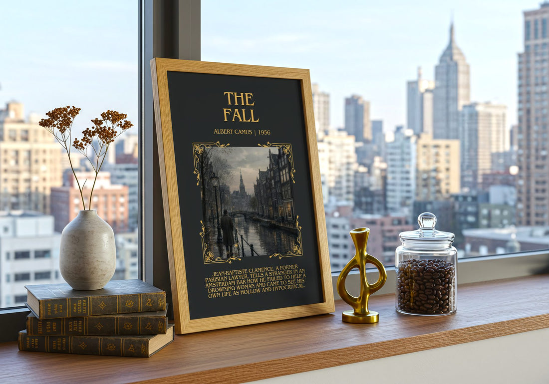 The Fall Minimalist Book Poster by Albert Camus – framed print on a city-view windowsill