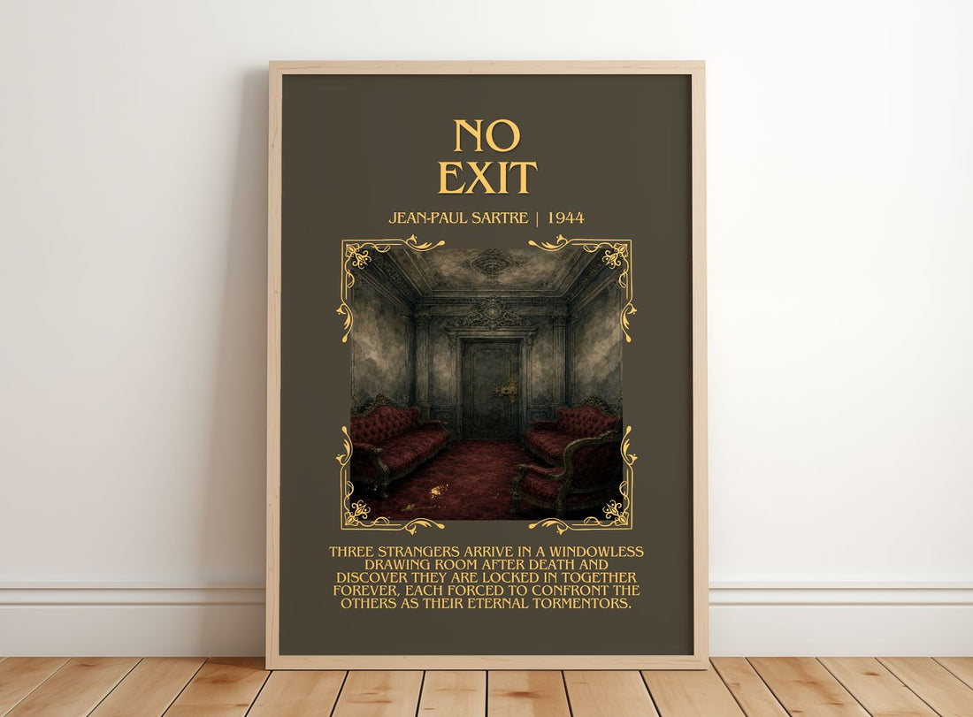 No Exit Minimalist Book Poster by Jean-Paul Sartre – framed print leaning on a wooden floor