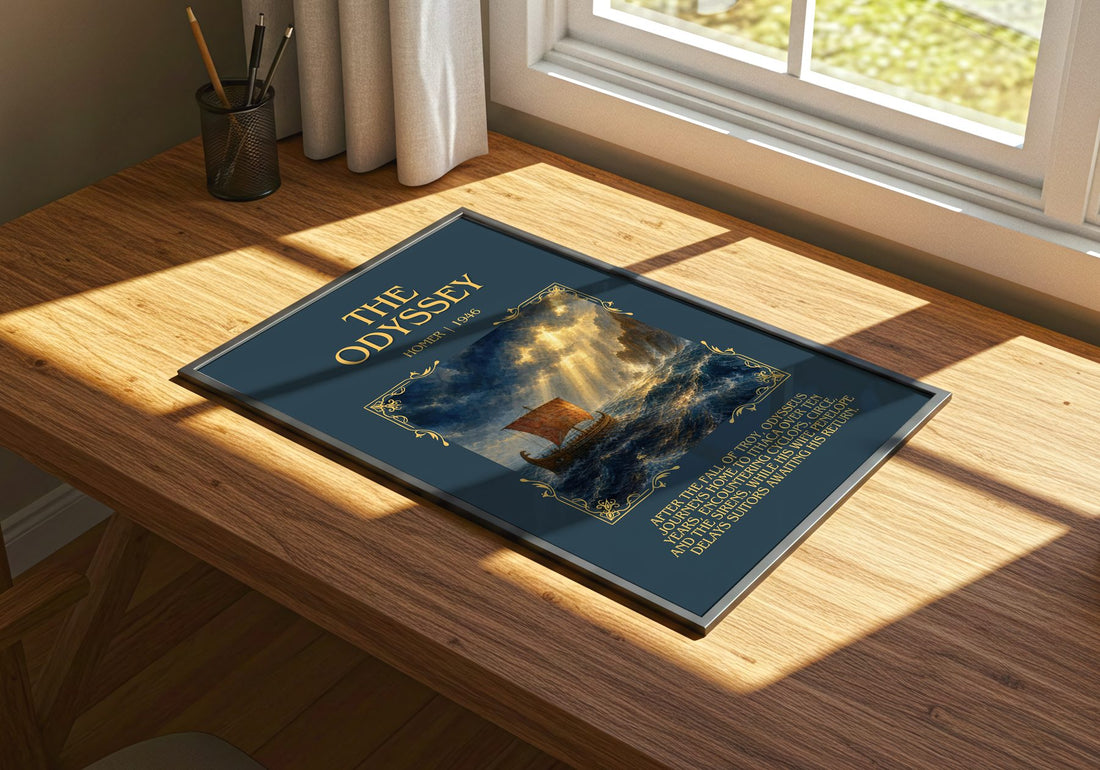 The Odyssey Minimalist Book Poster by Homer – print on a sunlit desk