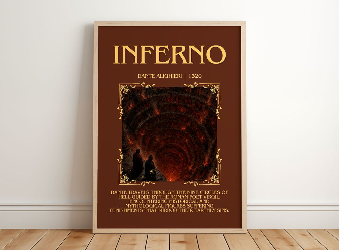 Inferno Minimalist Book Poster by Dante Alighieri – framed print leaning on a wooden floor