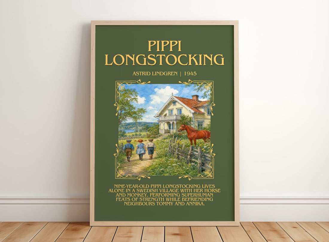 Pippi Longstocking Minimalist Book Poster by Astrid Lindgren – framed print leaning on a wooden floor