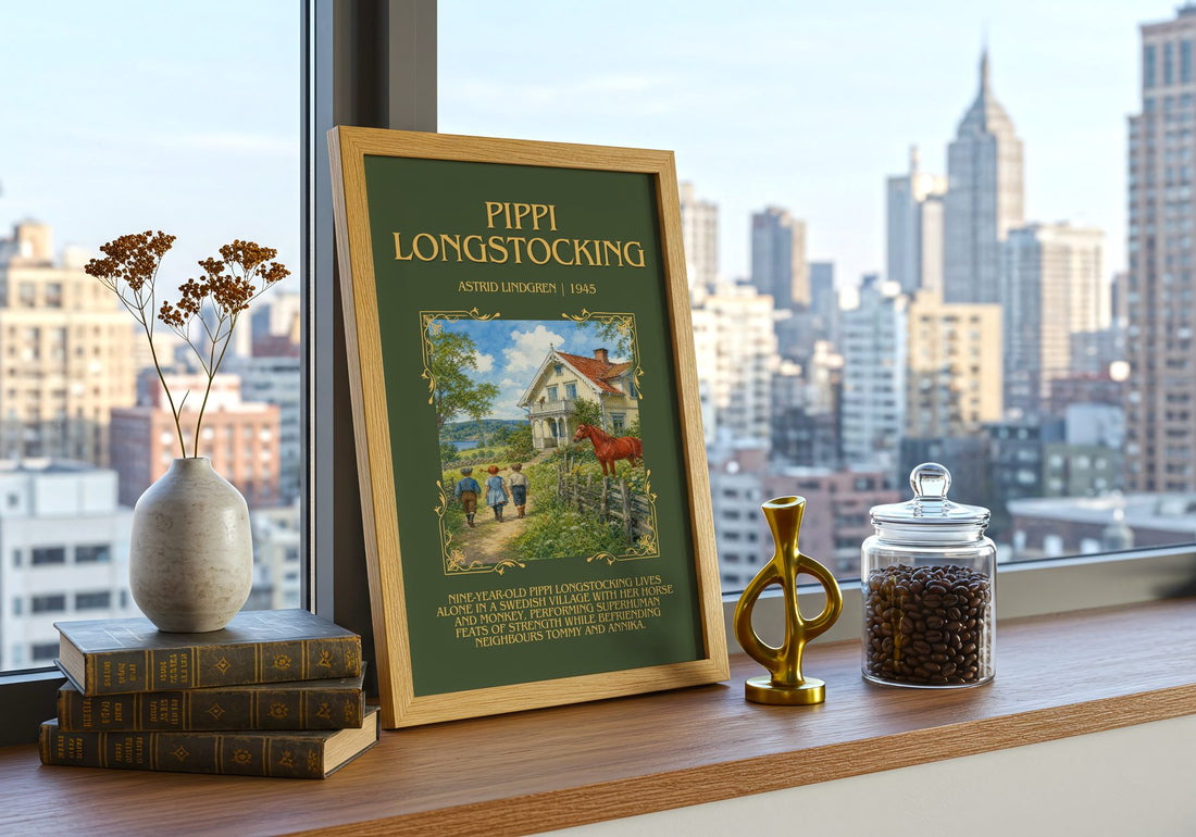 Pippi Longstocking Minimalist Book Poster by Astrid Lindgren – framed print on a city-view windowsill