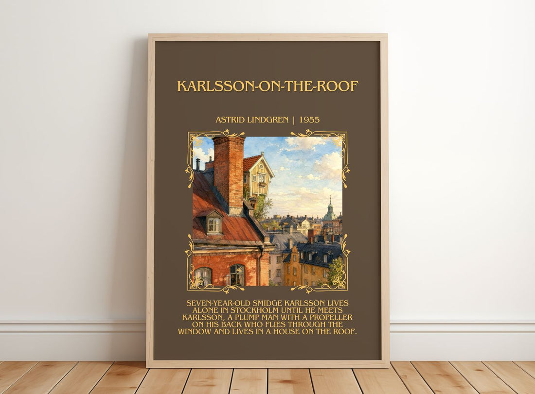 Karlsson-on-the-Roof Minimalist Book Poster by Astrid Lindgren – framed print leaning on a wooden floor