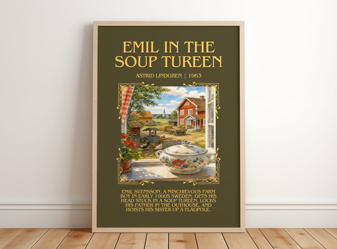 Emil in the Soup Tureen Minimalist Book Poster by Astrid Lindgren – framed print leaning on a wooden floor