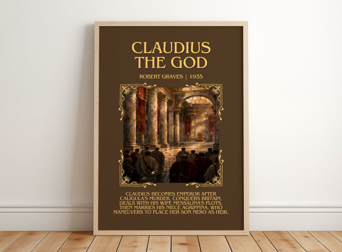 Claudius the God Minimalist Book Poster by Robert Graves – framed print leaning on a wooden floor