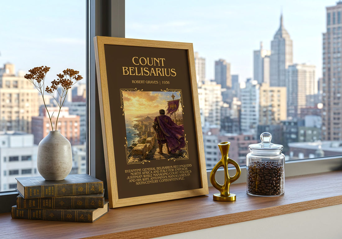 Count Belisarius Minimalist Book Poster by Robert Graves – framed print on a city-view windowsill