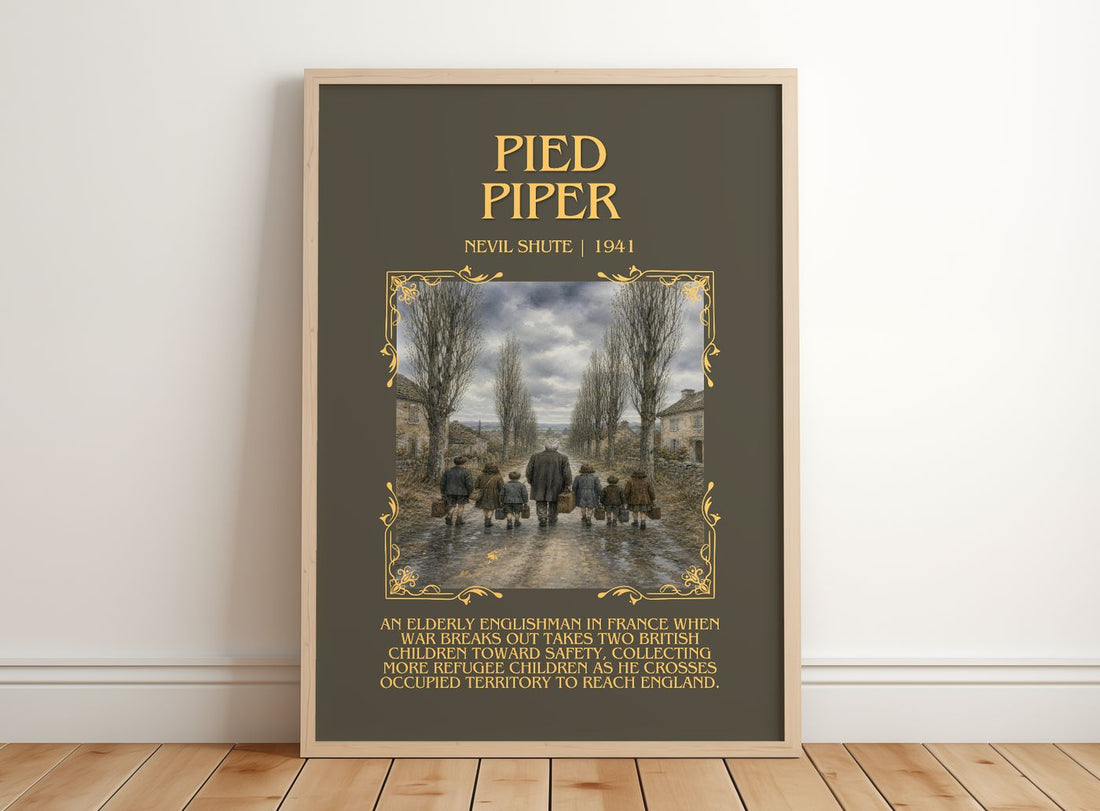 Pied Piper Minimalist Book Poster by Nevil Shute – framed print leaning on a wooden floor